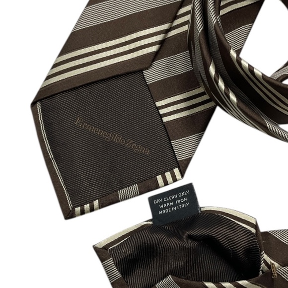 ERMENEGILDO ZEGNA Brown/Ivory Striped Silk LUXURY Tie ITALY - Picture 3 of 5